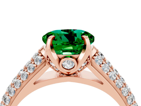 Rose gold Round Cut Emerald Solitaire Ring with Three-Row Pavé Band and Four-Prong Setting_16