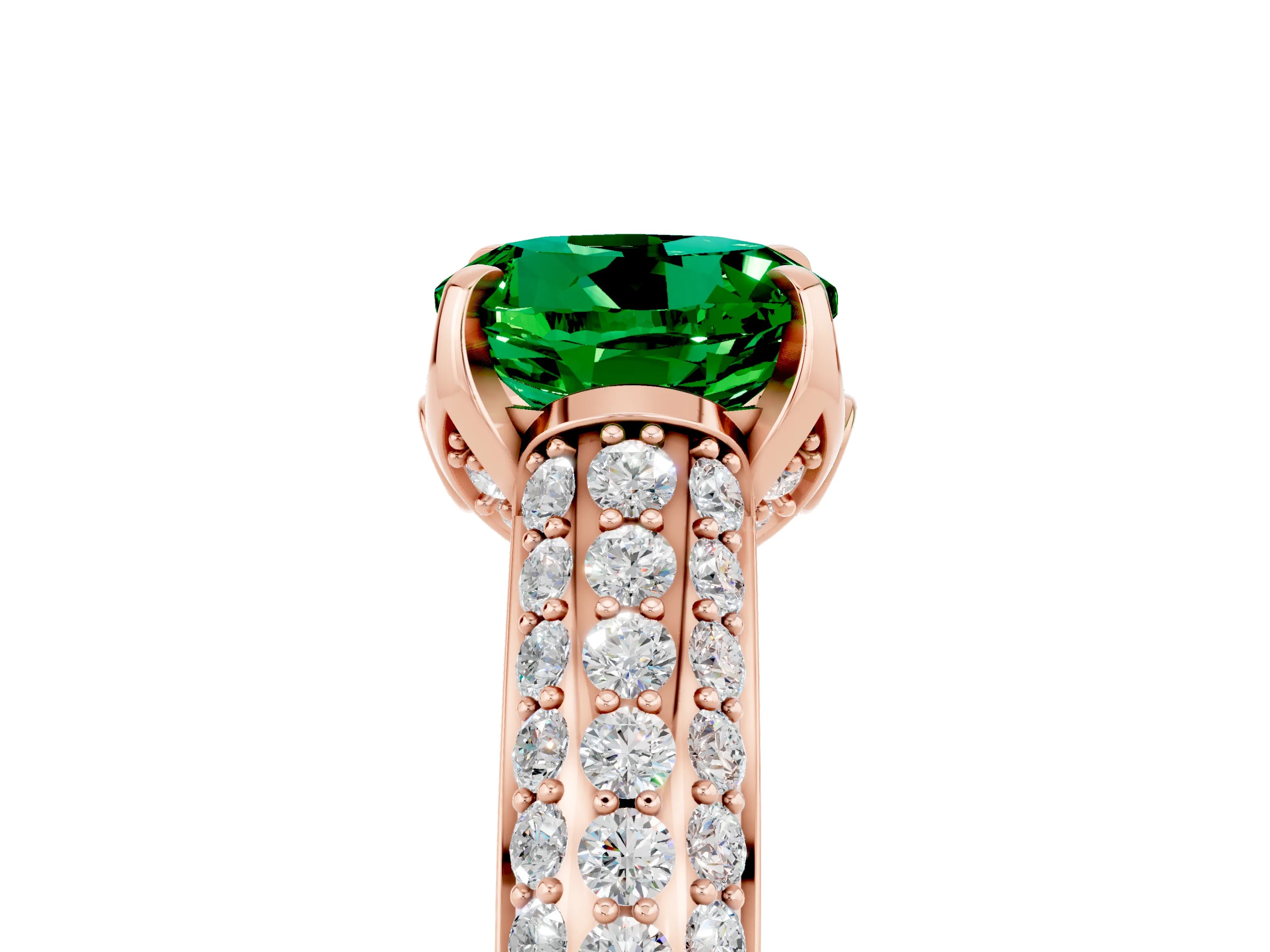 Rose gold Round Cut Emerald Solitaire Ring with Three-Row Pavé Band and Four-Prong Setting_17