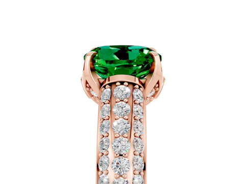 Rose gold Round Cut Emerald Solitaire Ring with Three-Row Pavé Band and Four-Prong Setting_17
