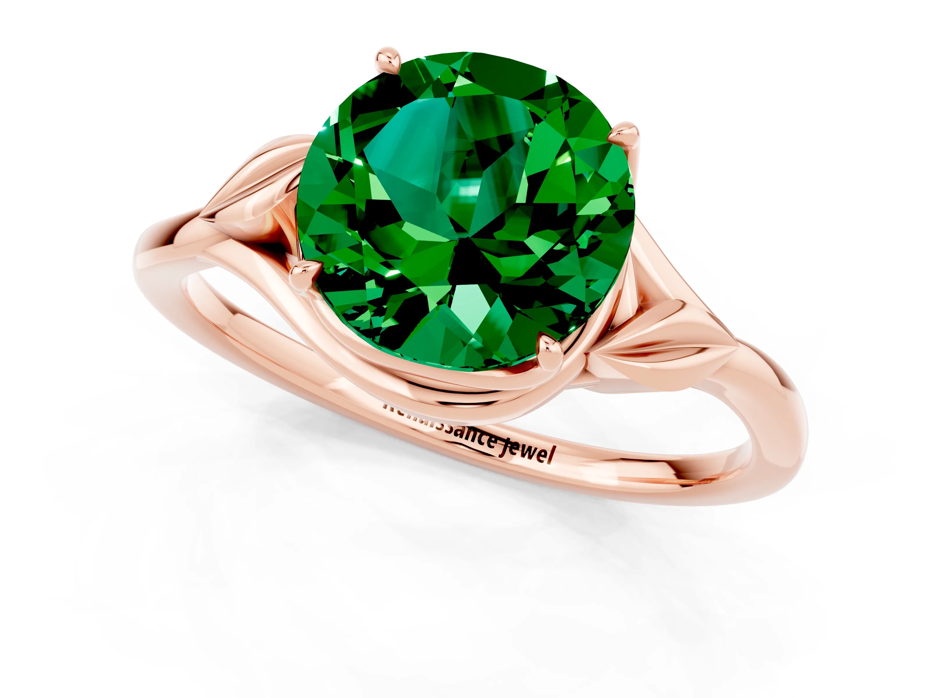 Rose gold Round Cut Emerald Solitaire Ring with Twist Band and Four-Prong Setting_25