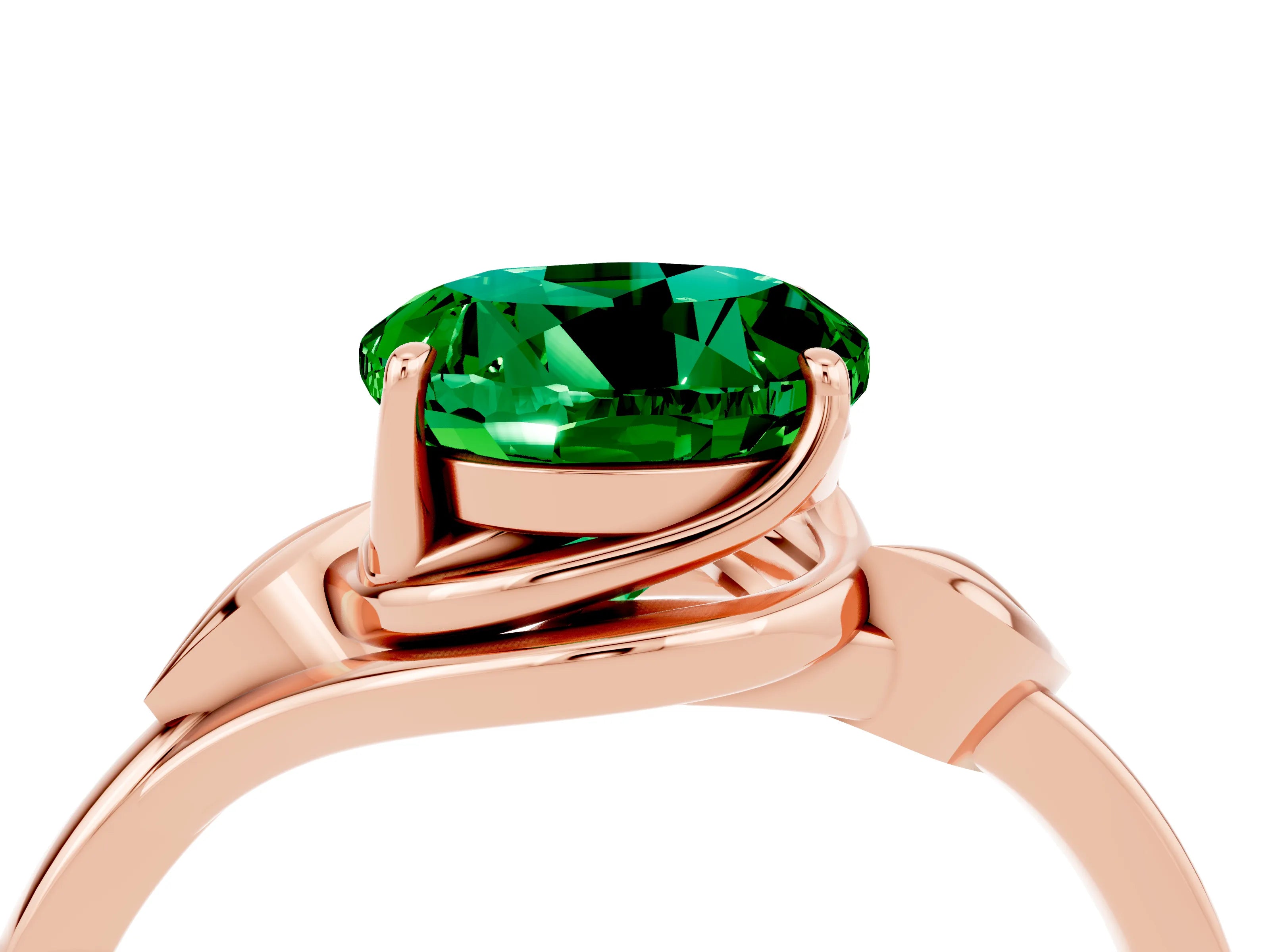 Rose gold Round Cut Emerald Solitaire Ring with Twist Band and Four-Prong Setting_28