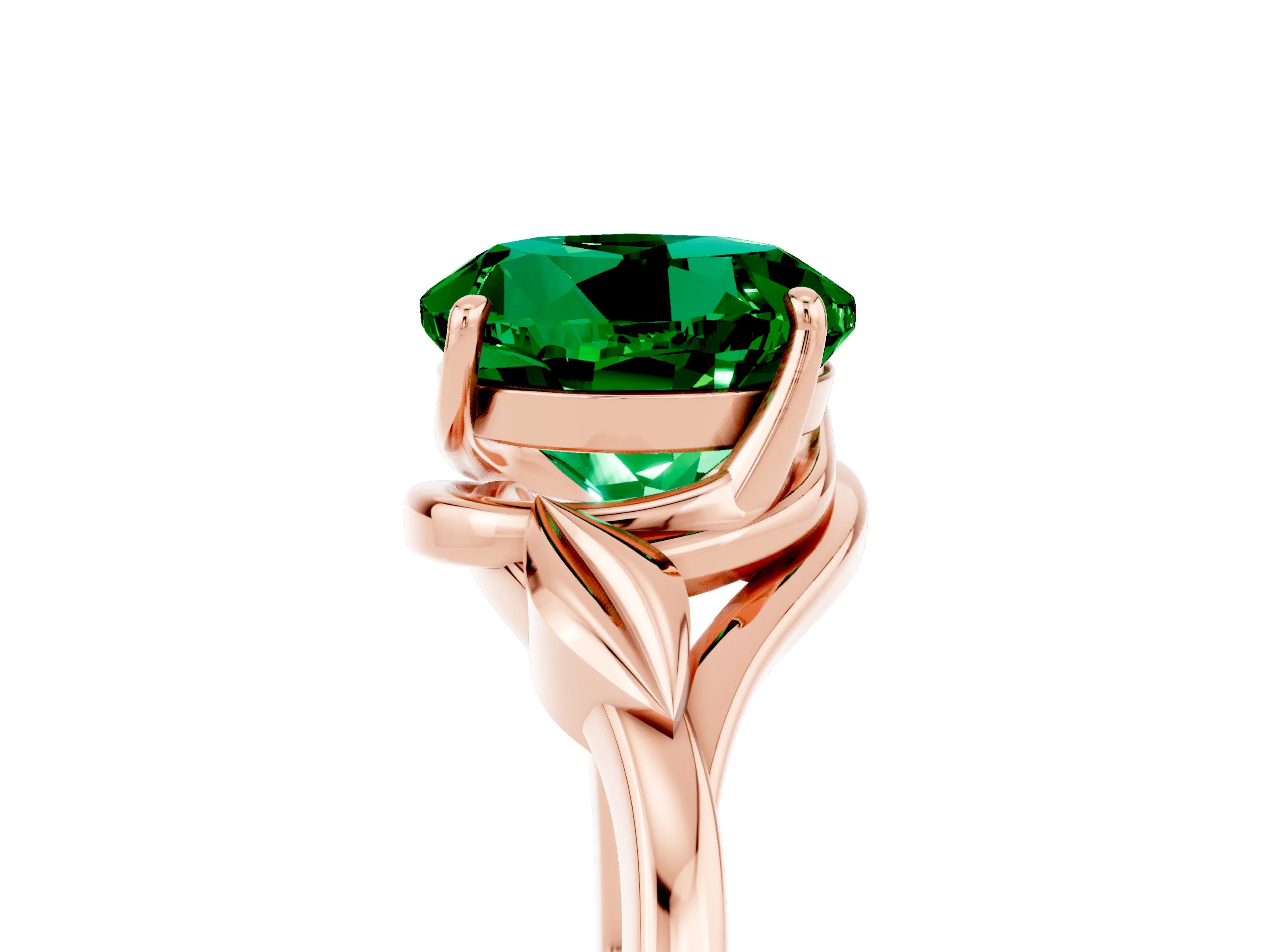Rose gold Round Cut Emerald Solitaire Ring with Twist Band and Four-Prong Setting_29