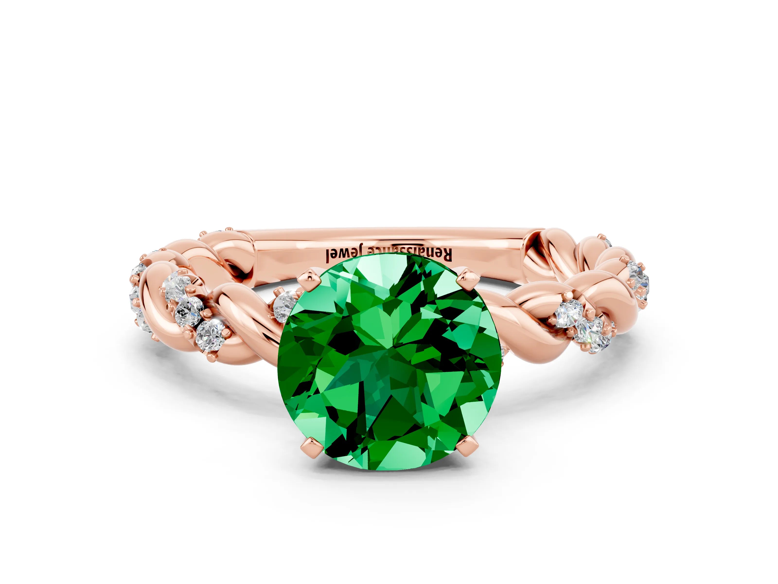 Rose gold Round Cut Emerald Solitaire Ring with Twisted Band and Pavé Accents