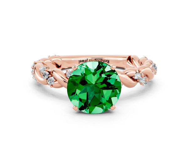 Rose gold Round Cut Emerald Solitaire Ring with Twisted Band and Pavé Accents