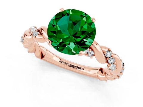 Rose gold Round Cut Emerald Solitaire Ring with Twisted Band and Pavé Accents_1