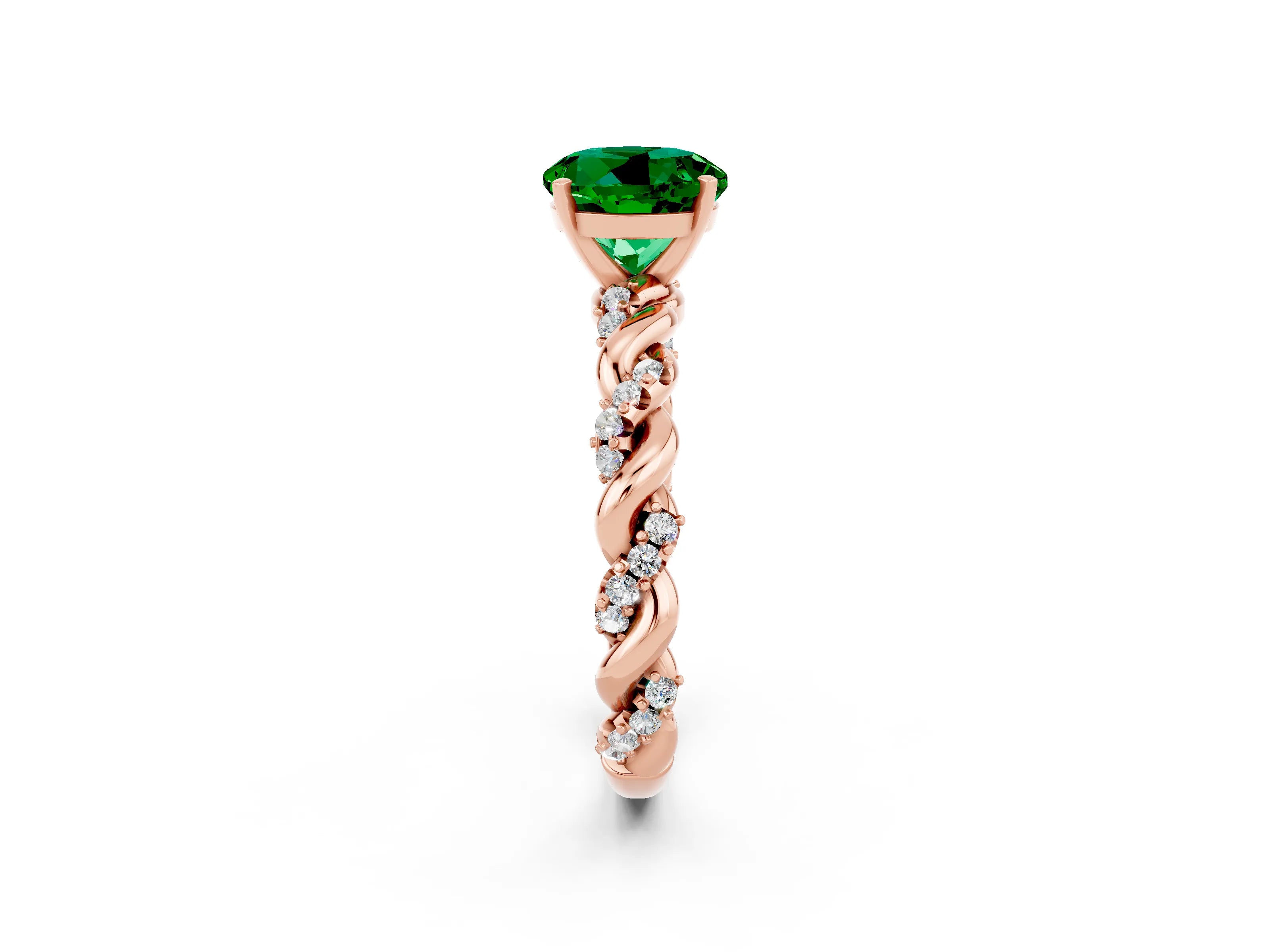 Rose gold Round Cut Emerald Solitaire Ring with Twisted Band and Pavé Accents_2