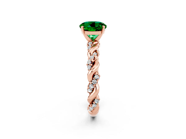 Rose gold Round Cut Emerald Solitaire Ring with Twisted Band and Pavé Accents