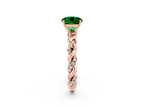 Rose gold Round Cut Emerald Solitaire Ring with Twisted Band and Pavé Accents_2