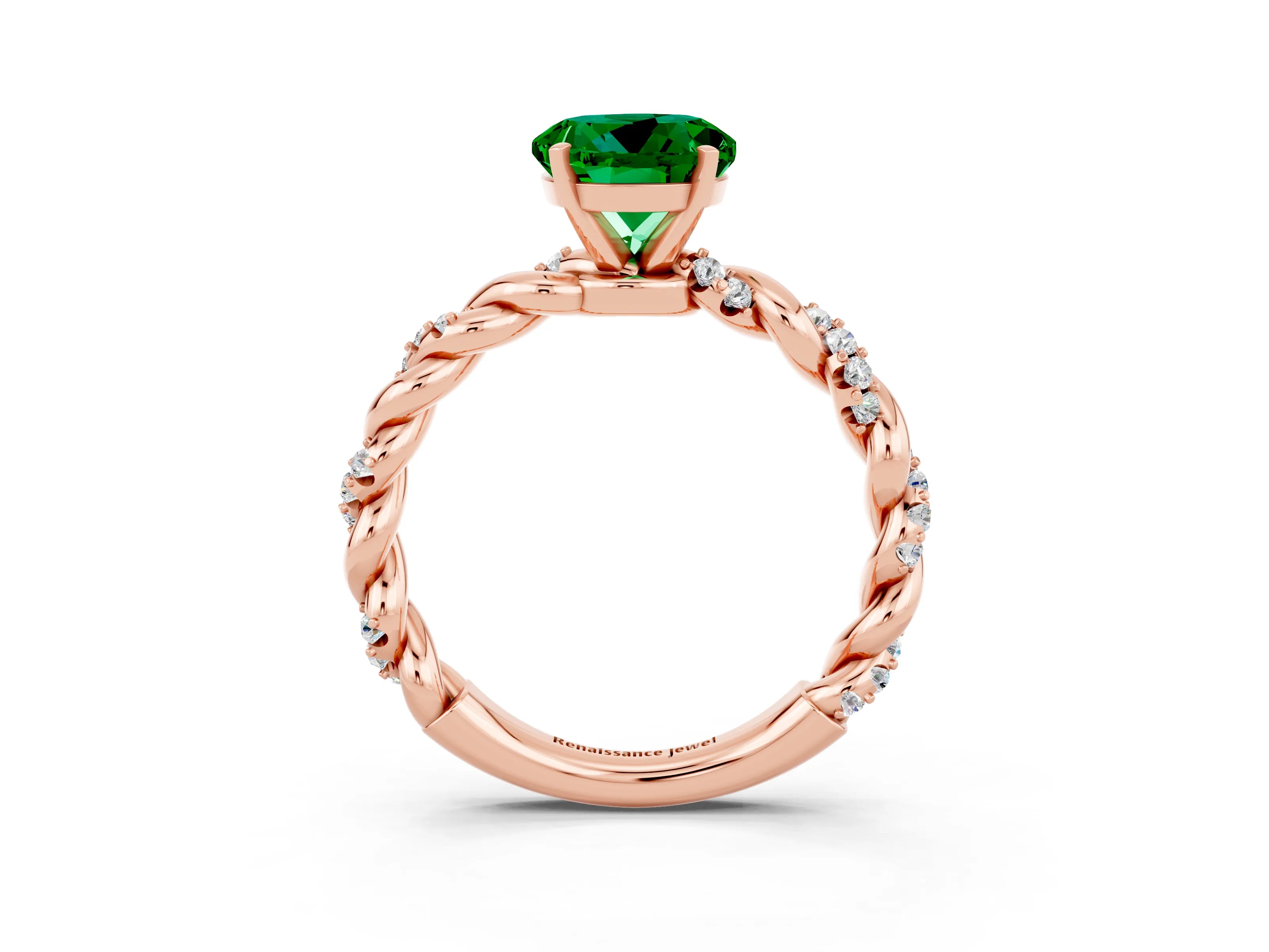 Rose gold Round Cut Emerald Solitaire Ring with Twisted Band and Pavé Accents_3