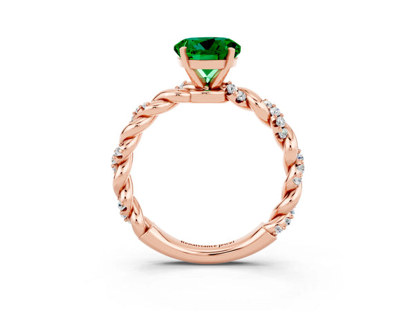 Rose gold Round Cut Emerald Solitaire Ring with Twisted Band and Pavé Accents