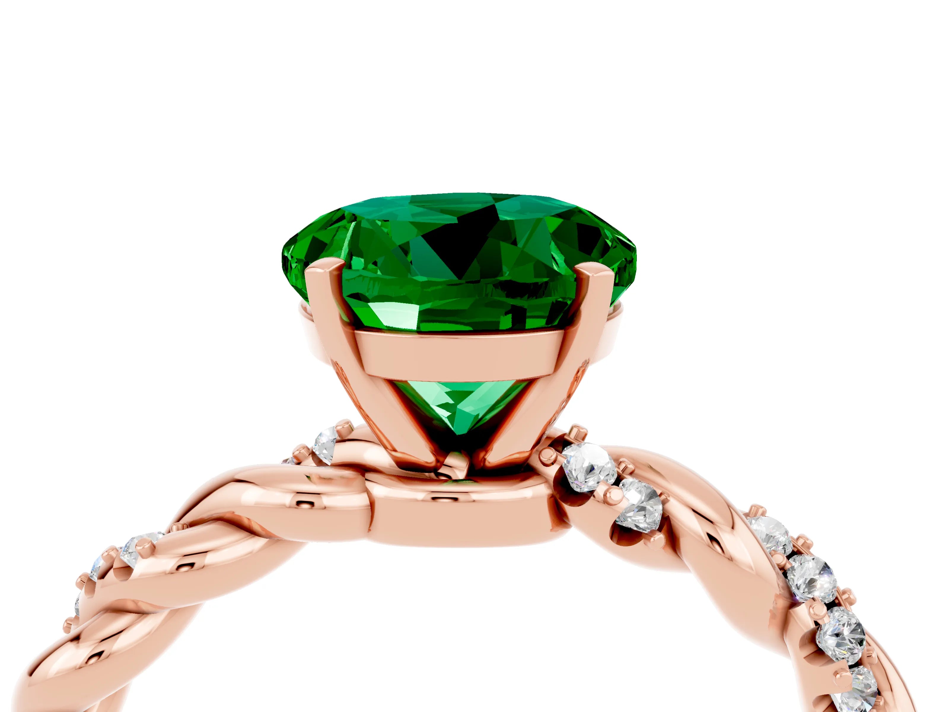 Rose gold Round Cut Emerald Solitaire Ring with Twisted Band and Pavé Accents_4