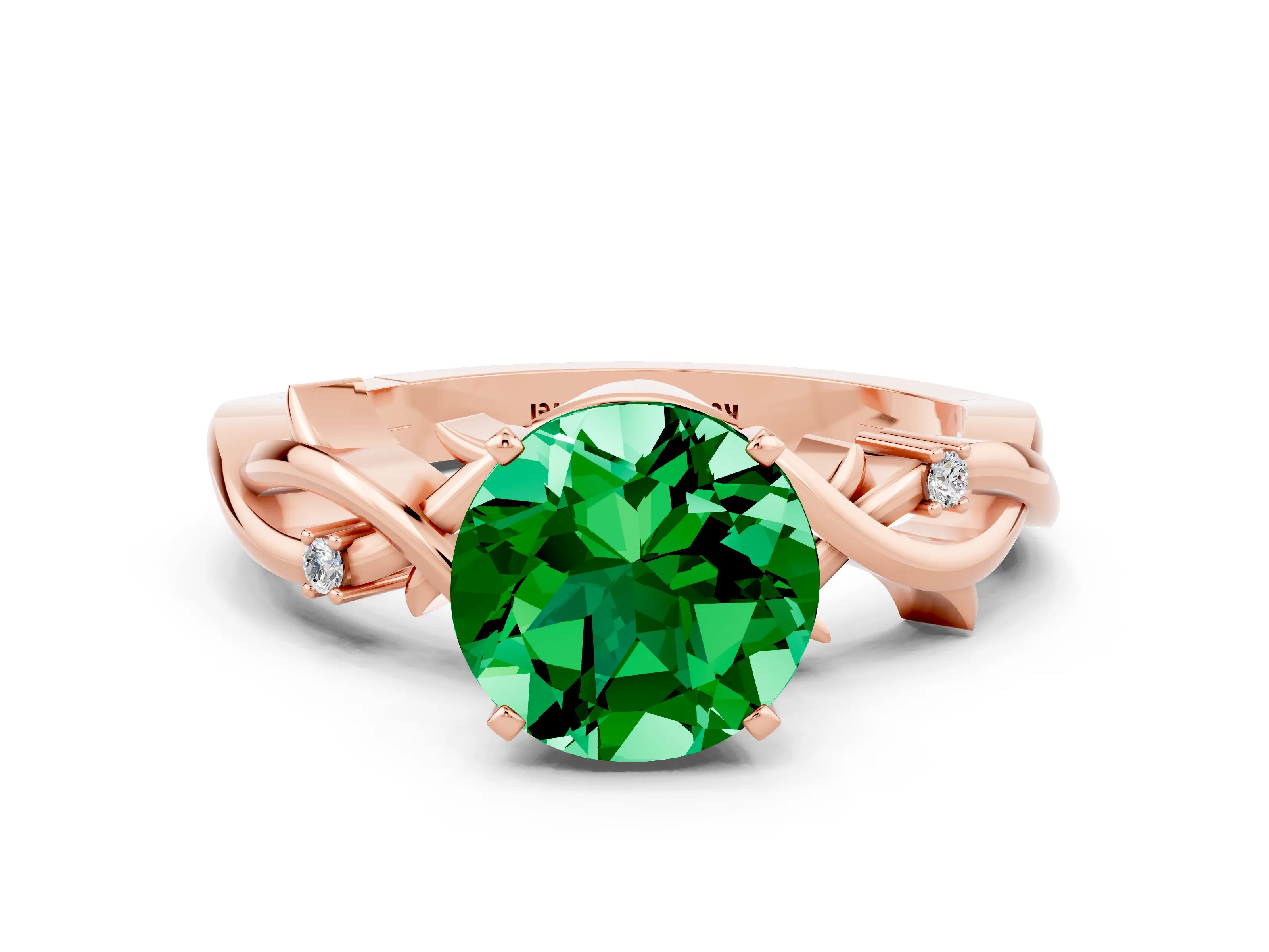 Rose gold Round Cut Emerald Solitaire Ring with Twisted Band and Prong Setting
