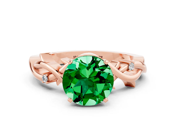 Rose gold Round Cut Emerald Solitaire Ring with Twisted Band and Prong Setting