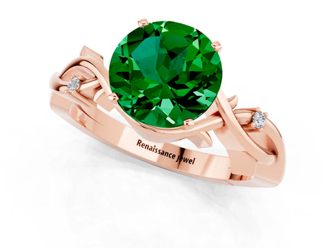Rose gold Round Cut Emerald Solitaire Ring with Twisted Band and Prong Setting_1