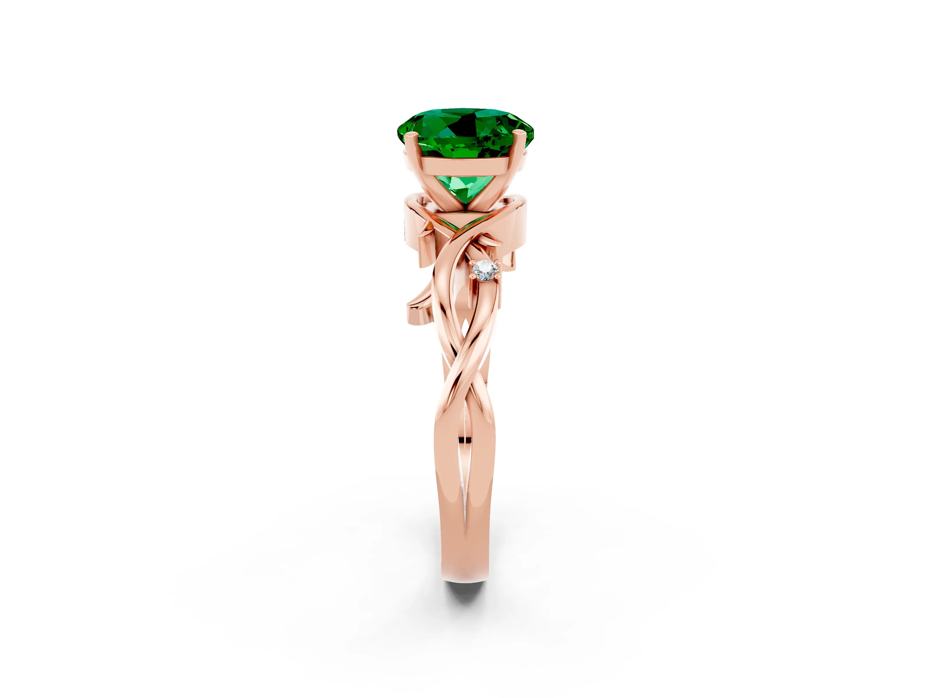 Rose gold Round Cut Emerald Solitaire Ring with Twisted Band and Prong Setting_2
