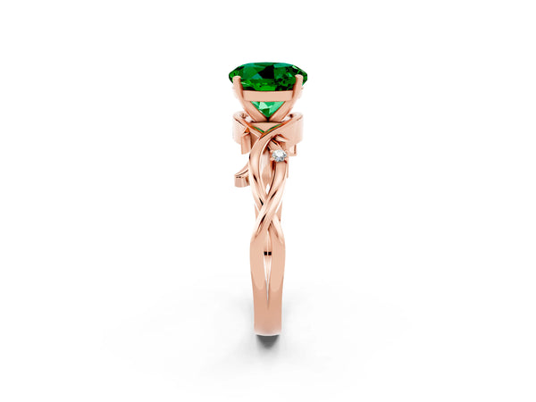 Rose gold Round Cut Emerald Solitaire Ring with Twisted Band and Prong Setting