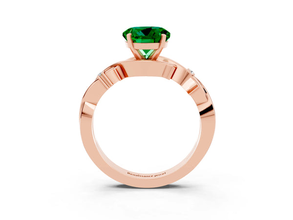 Rose gold Round Cut Emerald Solitaire Ring with Twisted Band and Prong Setting