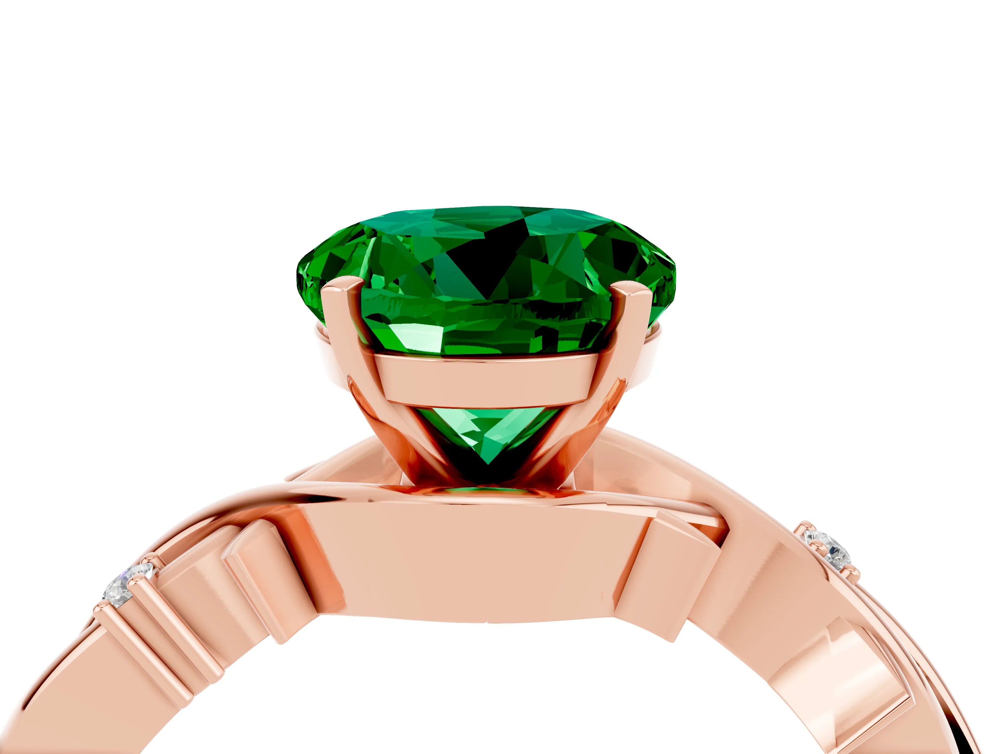 Rose gold Round Cut Emerald Solitaire Ring with Twisted Band and Prong Setting_4