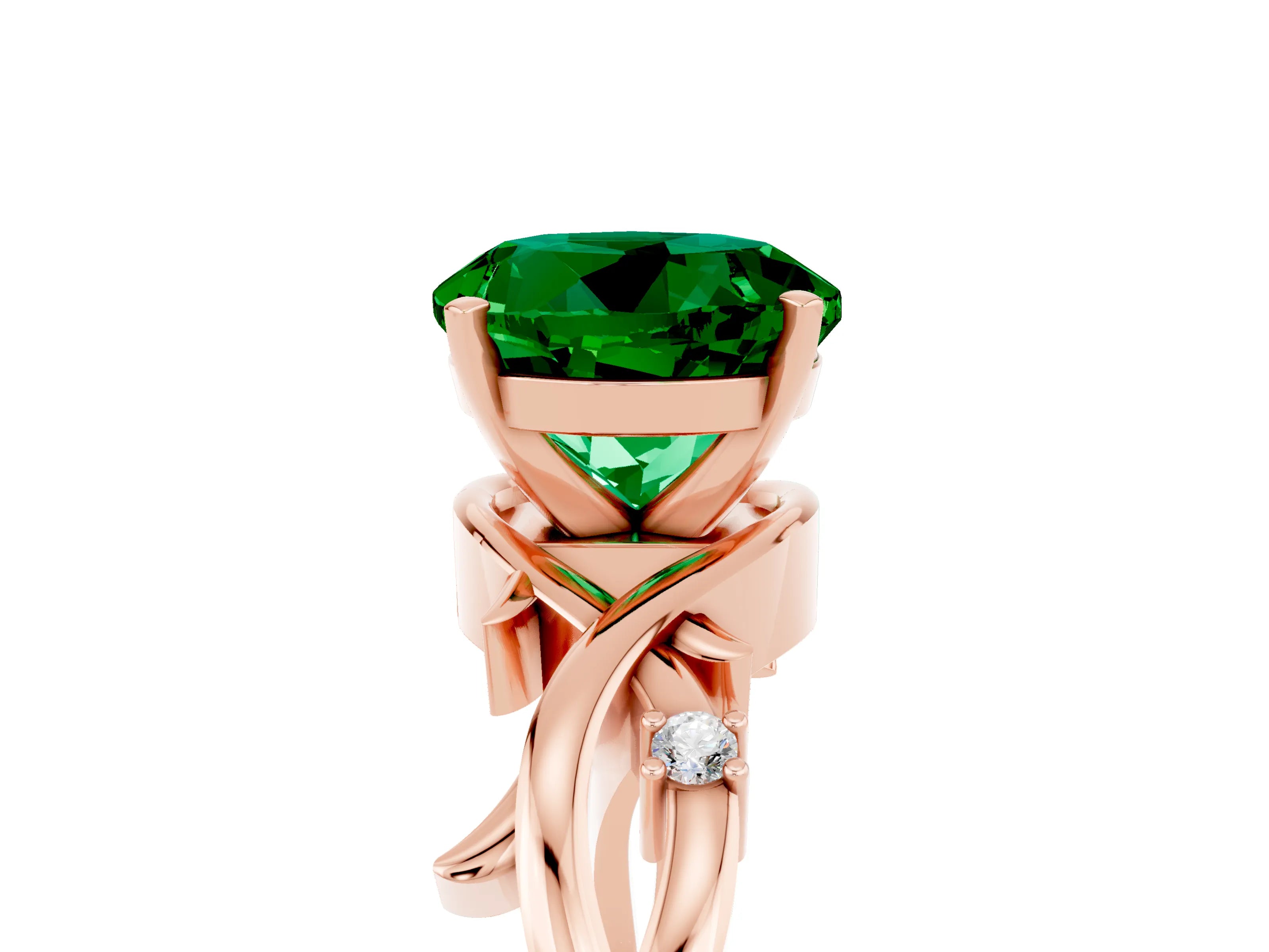Rose gold Round Cut Emerald Solitaire Ring with Twisted Band and Prong Setting_5