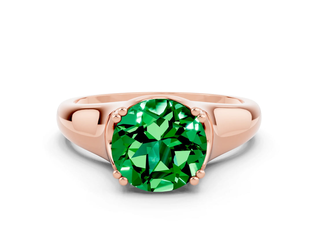 Rose gold Round Cut Emerald Solitaire Ring with Wide Band and Prong Setting