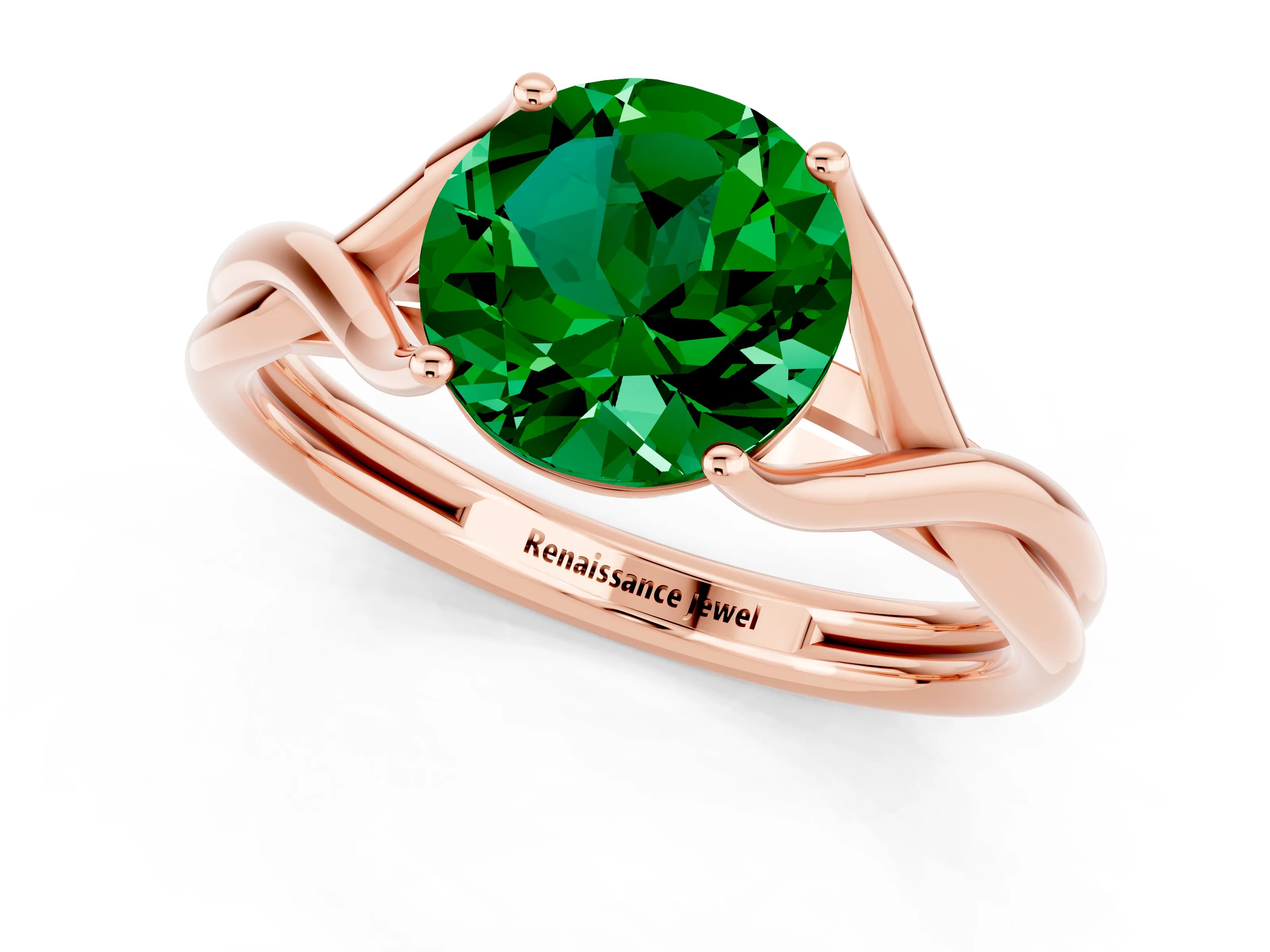 Rose gold Round Cut Emerald Solitaire Twist Band Prong Setting Ring_37