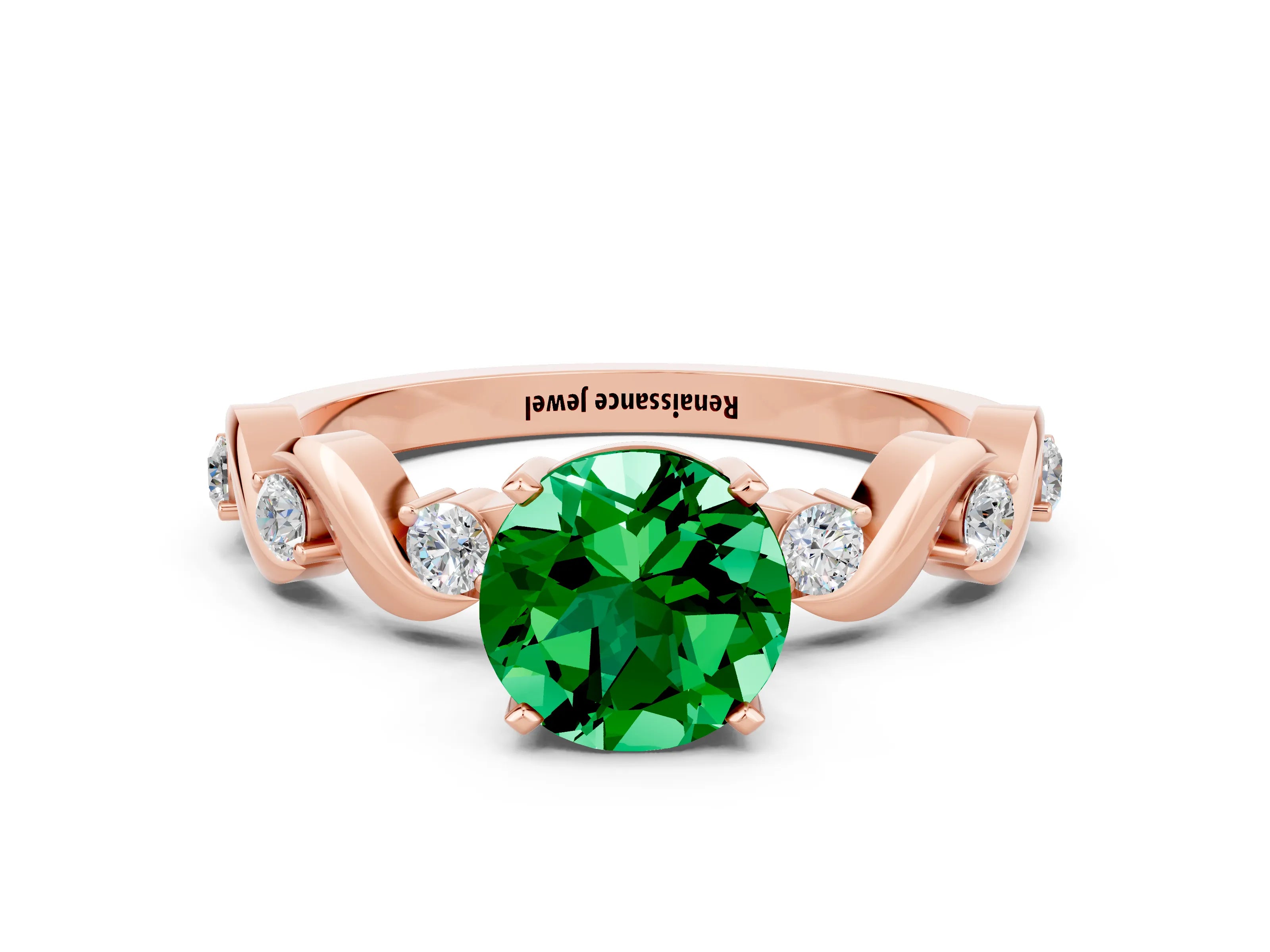 Rose gold Round Cut Emerald Solitaire Twisted Band with Round  Accents and Prong Setting_12