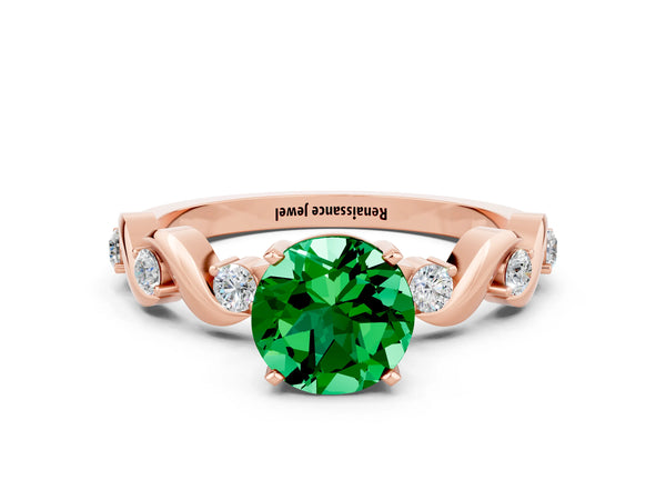 Rose gold Round Cut Emerald Solitaire Twisted Band with Round  Accents and Prong Setting