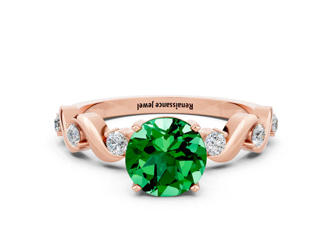 Rose gold Round Cut Emerald Solitaire Twisted Band with Round  Accents and Prong Setting_12