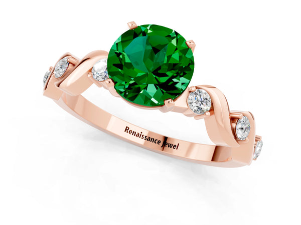 Rose gold Round Cut Emerald Solitaire Twisted Band with Round  Accents and Prong Setting