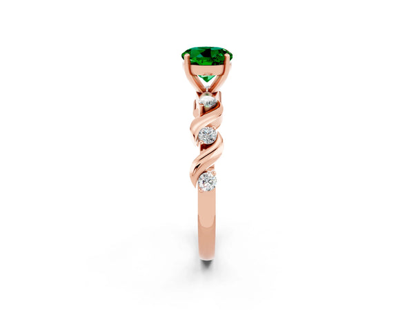 Rose gold Round Cut Emerald Solitaire Twisted Band with Round  Accents and Prong Setting