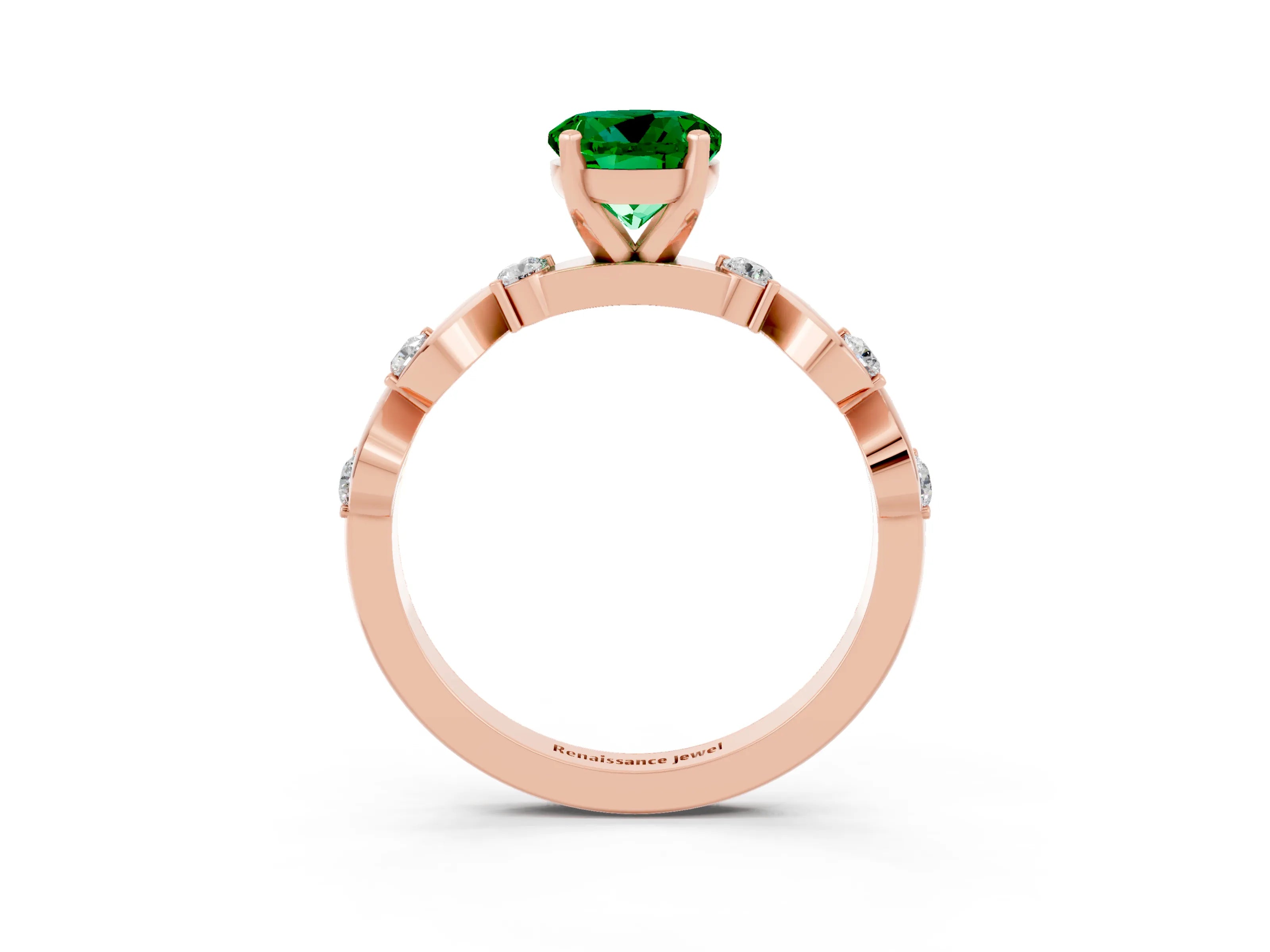 Rose gold Round Cut Emerald Solitaire Twisted Band with Round  Accents and Prong Setting_15