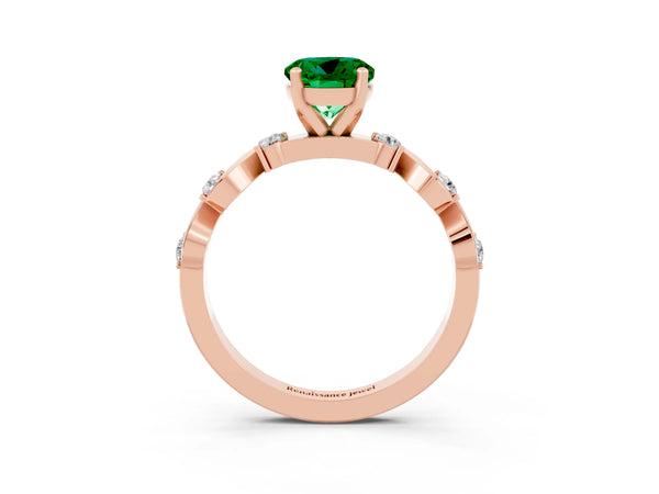 Rose gold Round Cut Emerald Solitaire Twisted Band with Round  Accents and Prong Setting