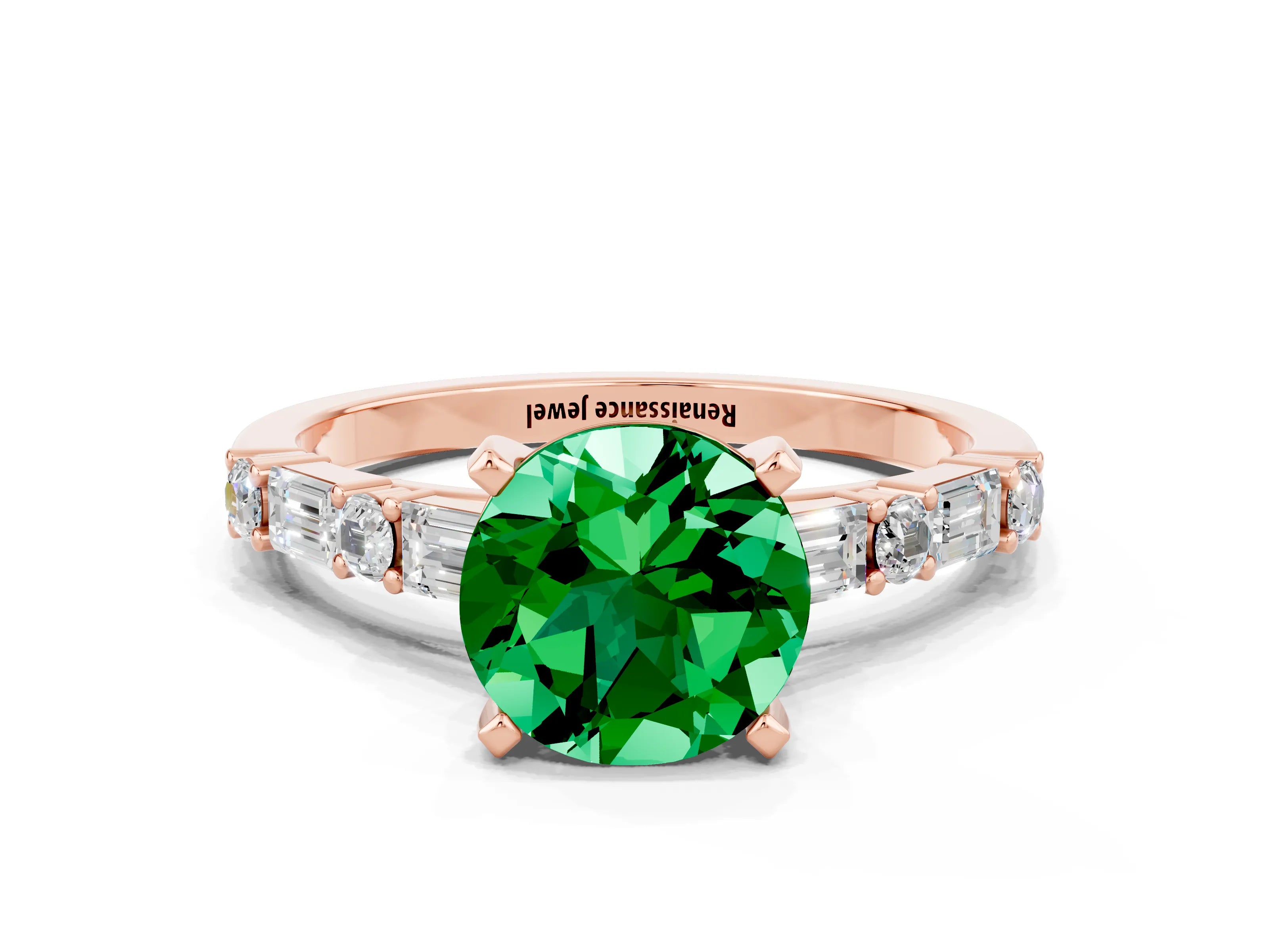 Rose gold Round Cut Emerald Solitaire with Side Baguettes and Channel Set Band