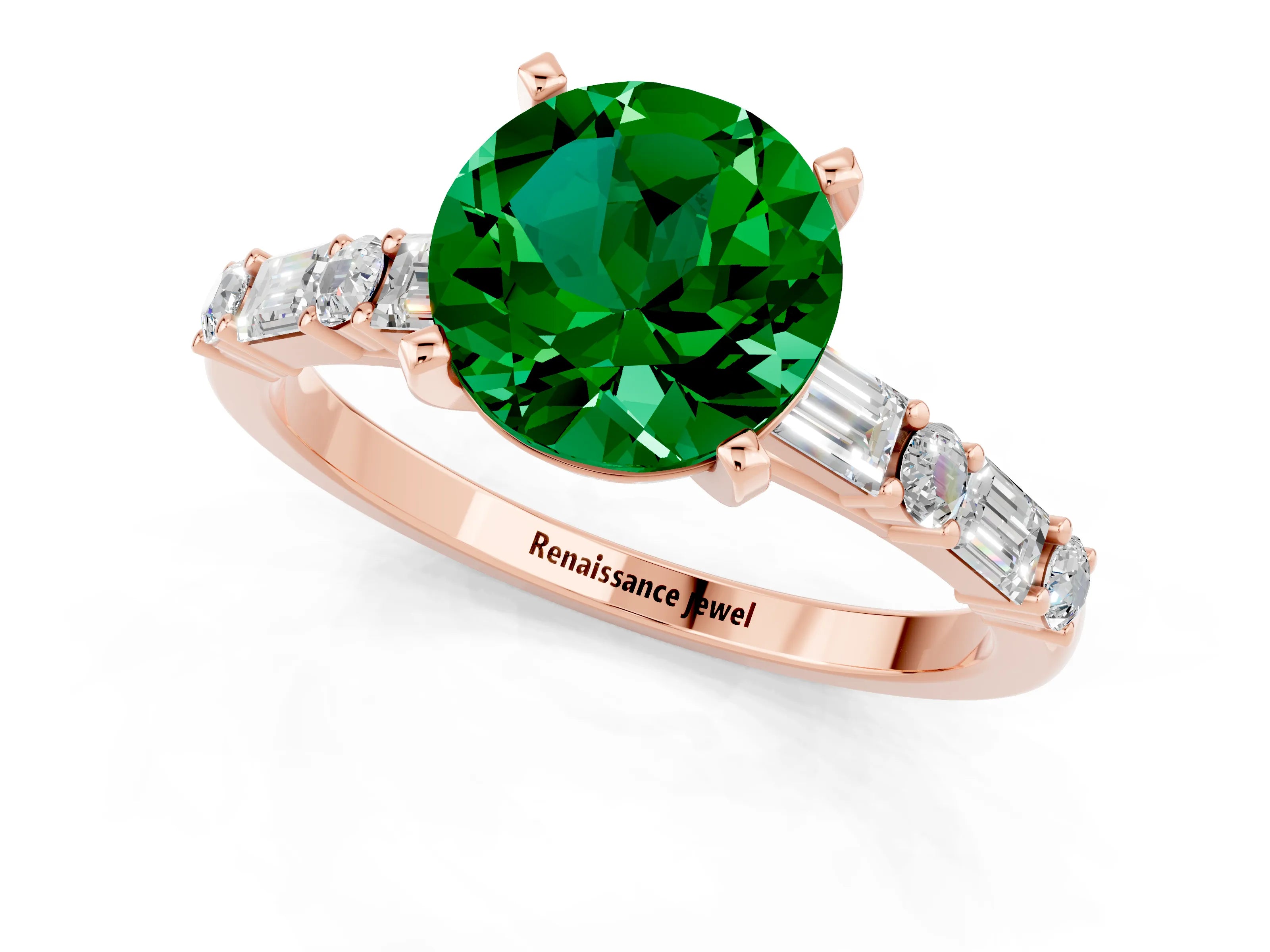 Rose gold Round Cut Emerald Solitaire with Side Baguettes and Channel Set Band_1