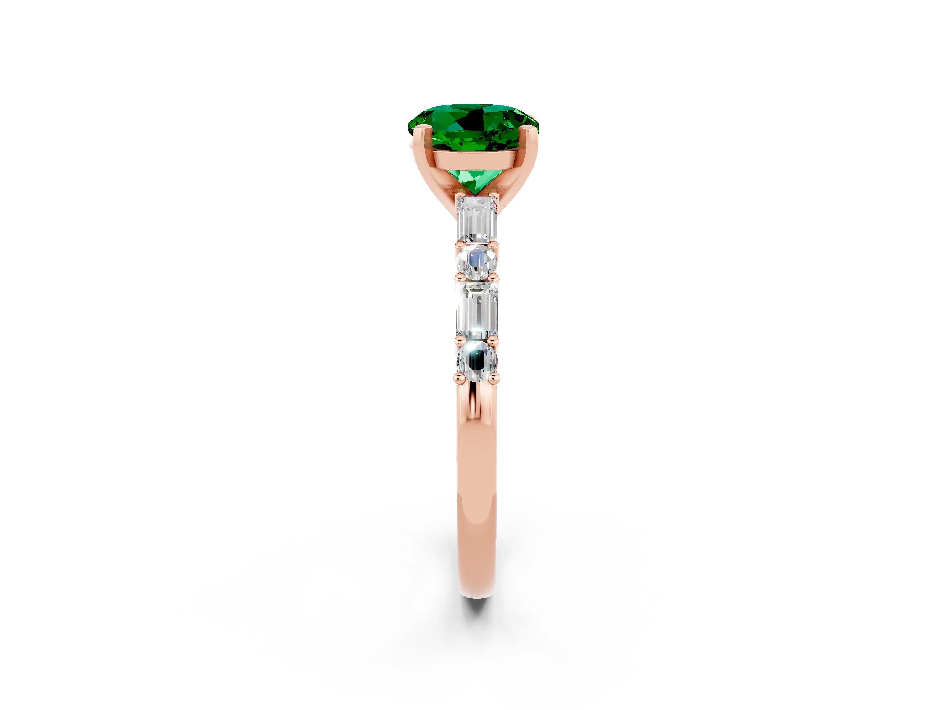 Rose gold Round Cut Emerald Solitaire with Side Baguettes and Channel Set Band_2
