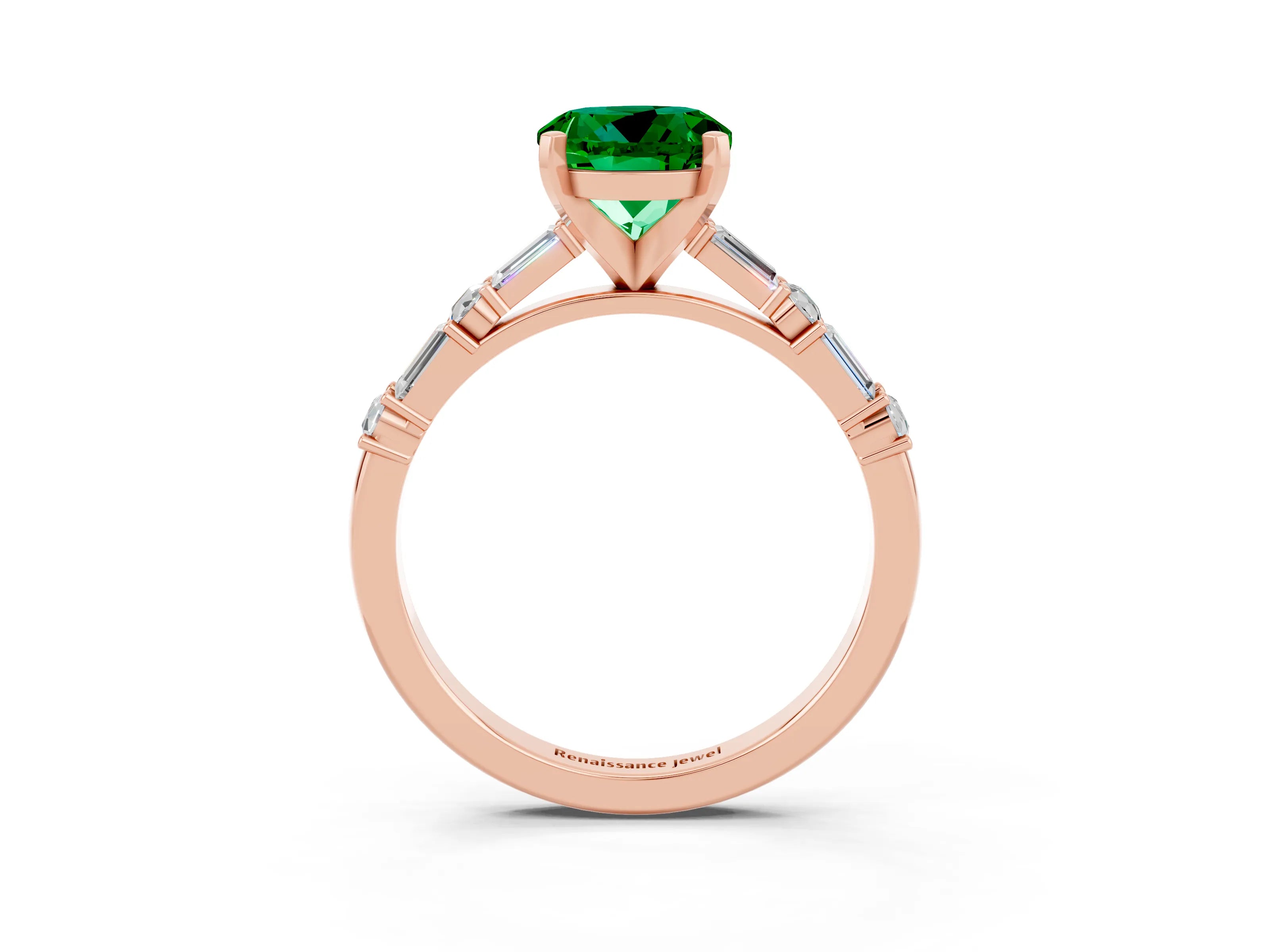 Rose gold Round Cut Emerald Solitaire with Side Baguettes and Channel Set Band_3