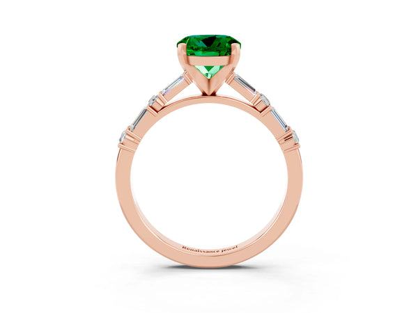 Rose gold Round Cut Emerald Solitaire with Side Baguettes and Channel Set Band