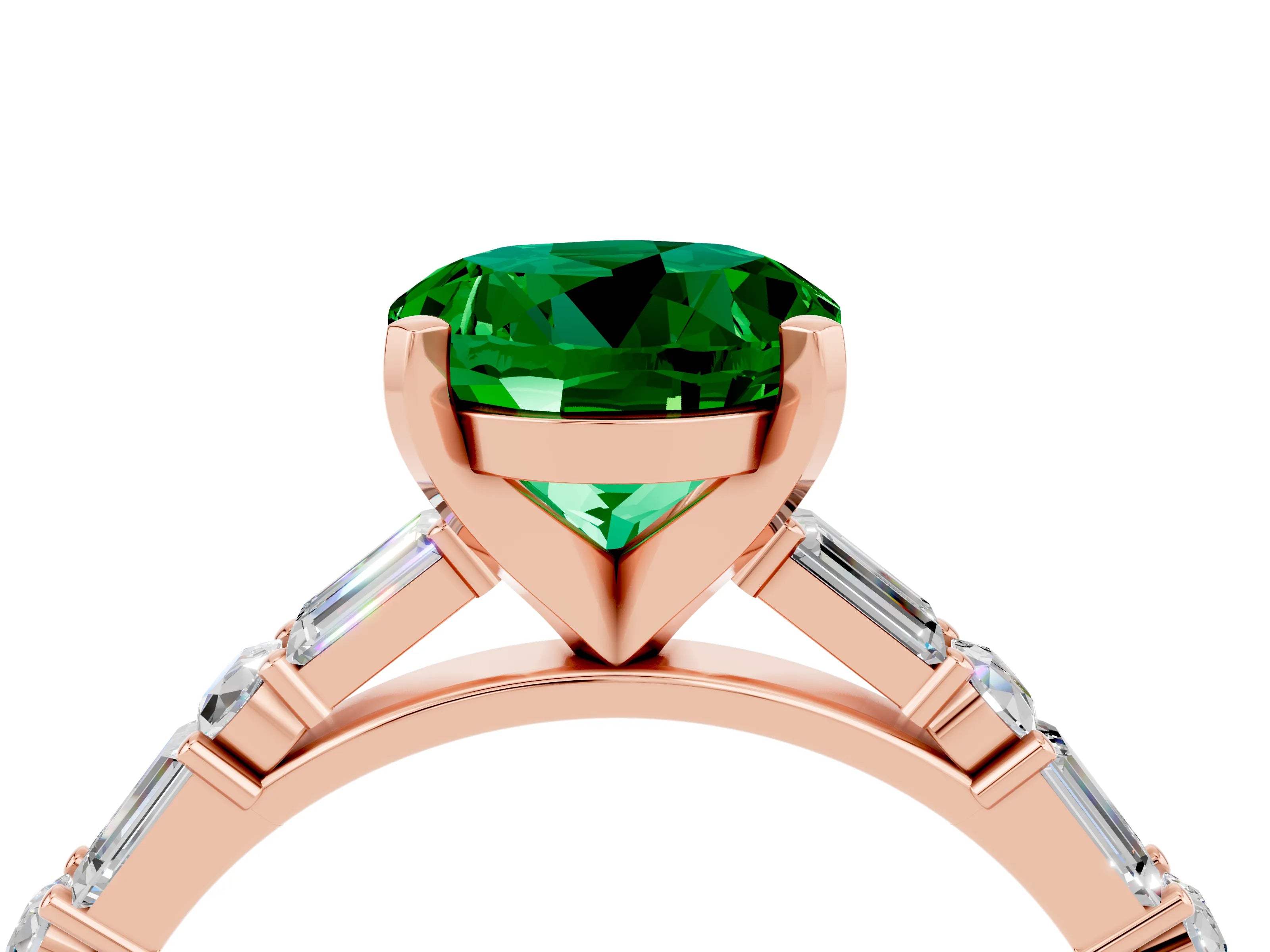Rose gold Round Cut Emerald Solitaire with Side Baguettes and Channel Set Band_4