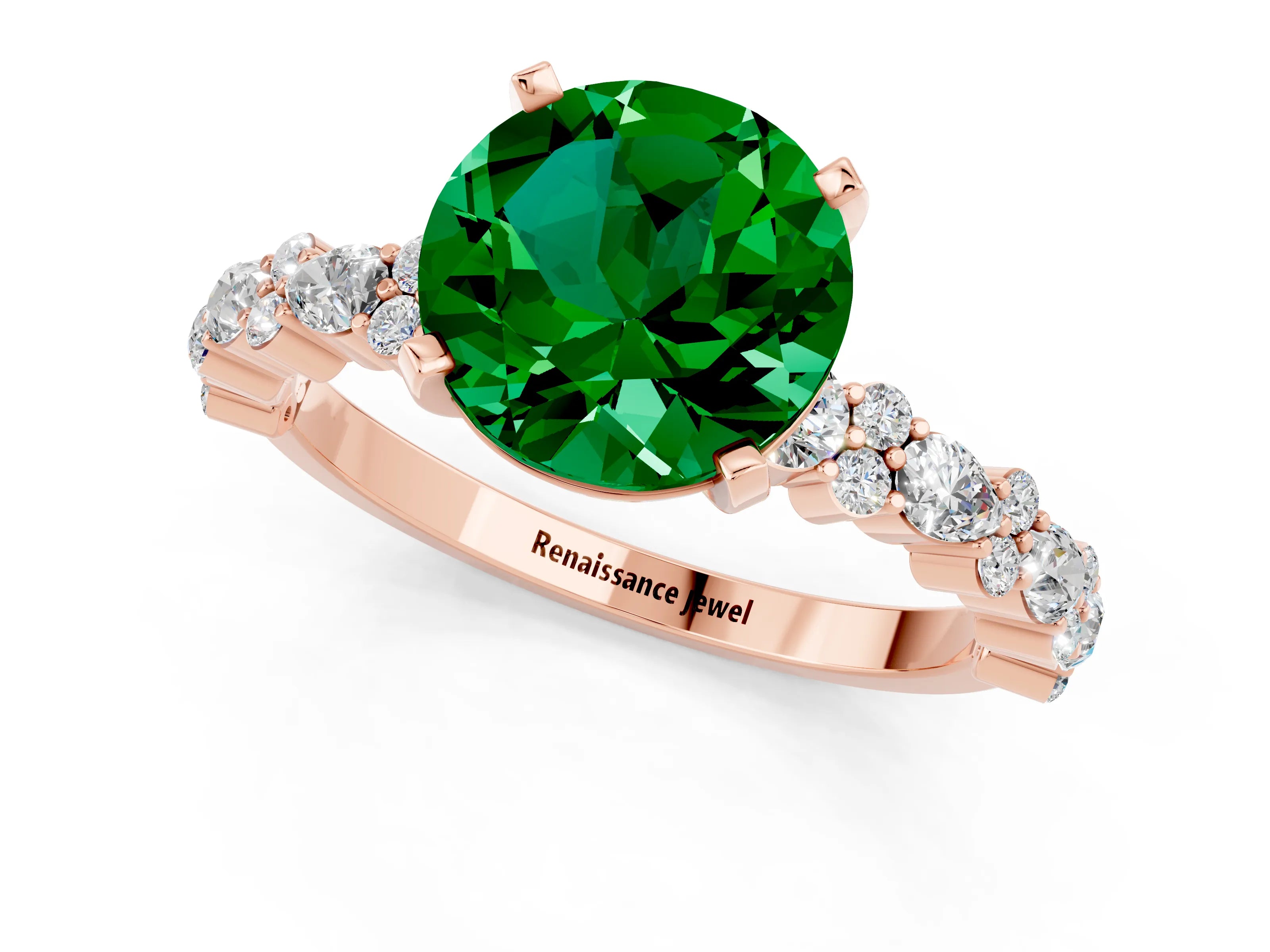 Rose gold Round Cut Emerald Solitaire with Side Stones, Pave Band, Four-Prong Setting_37