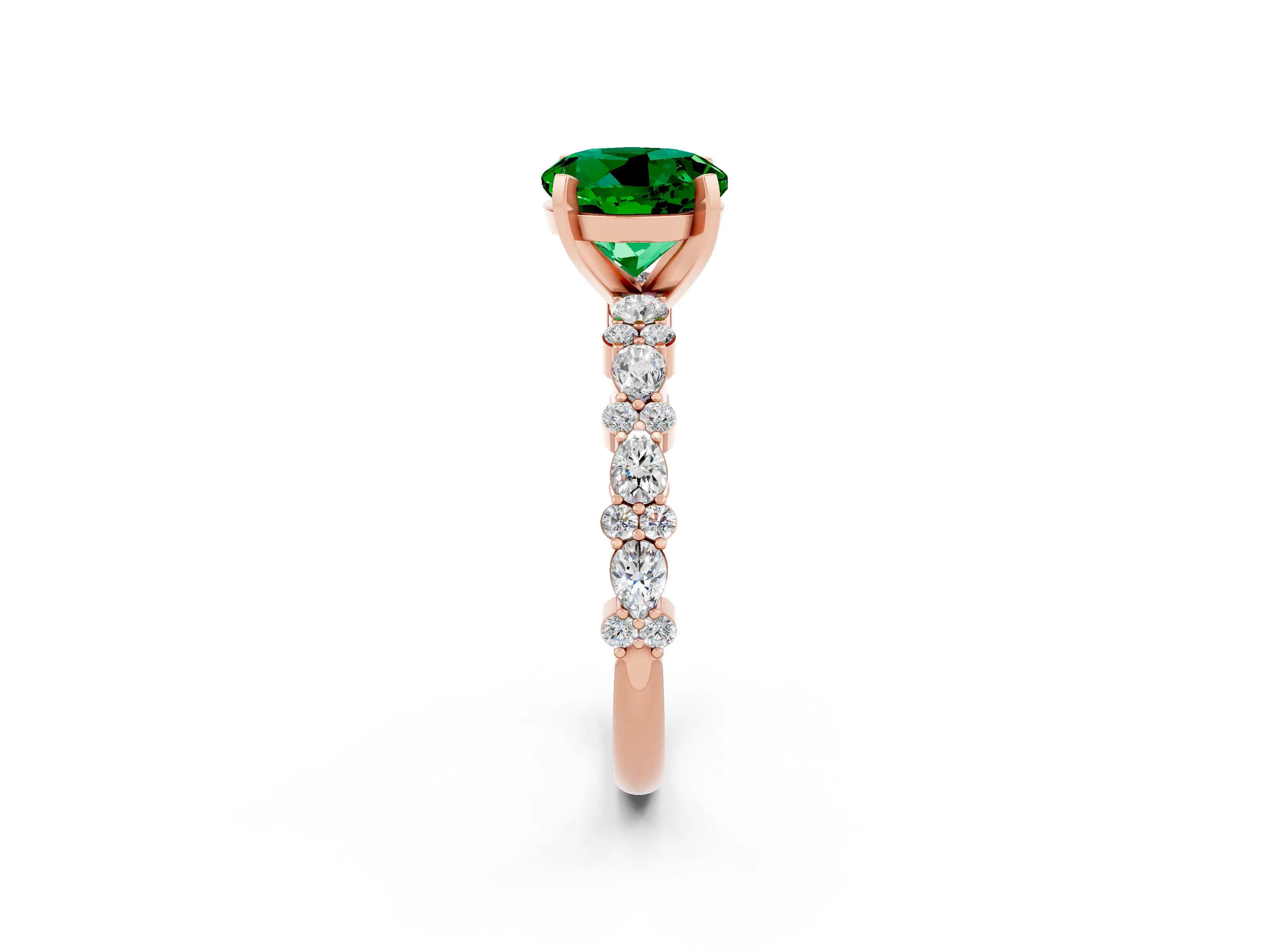 Rose gold Round Cut Emerald Solitaire with Side Stones, Pave Band, Four-Prong Setting_38