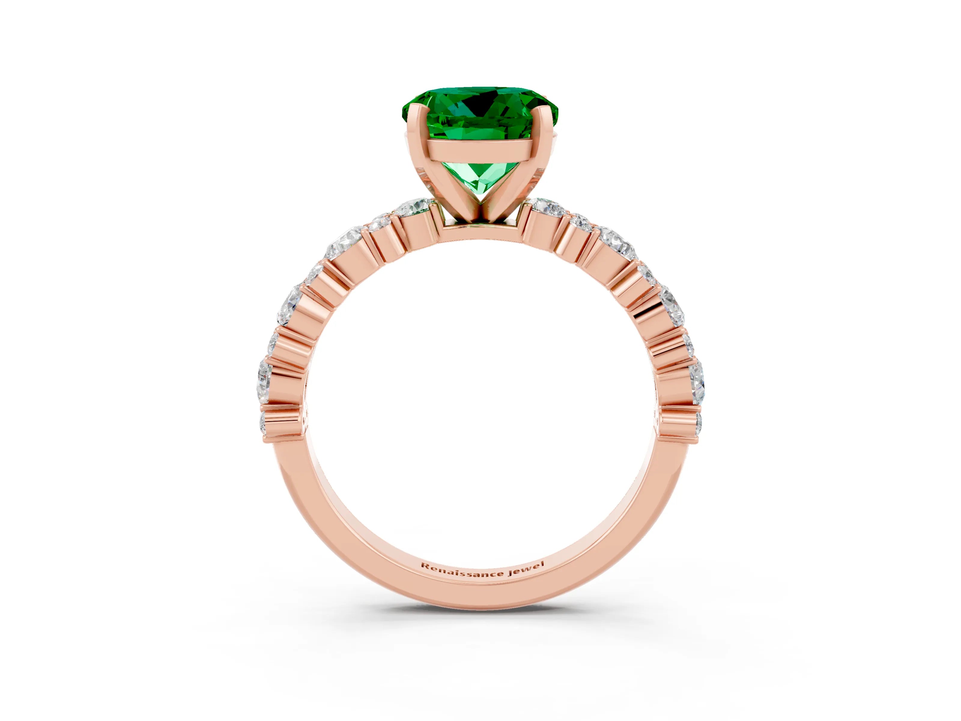 Rose gold Round Cut Emerald Solitaire with Side Stones, Pave Band, Four-Prong Setting_39