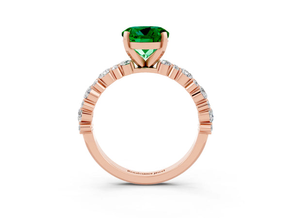 Rose gold Round Cut Emerald Side Stone Solitaire Ring with Round  and Four-Prong Setting