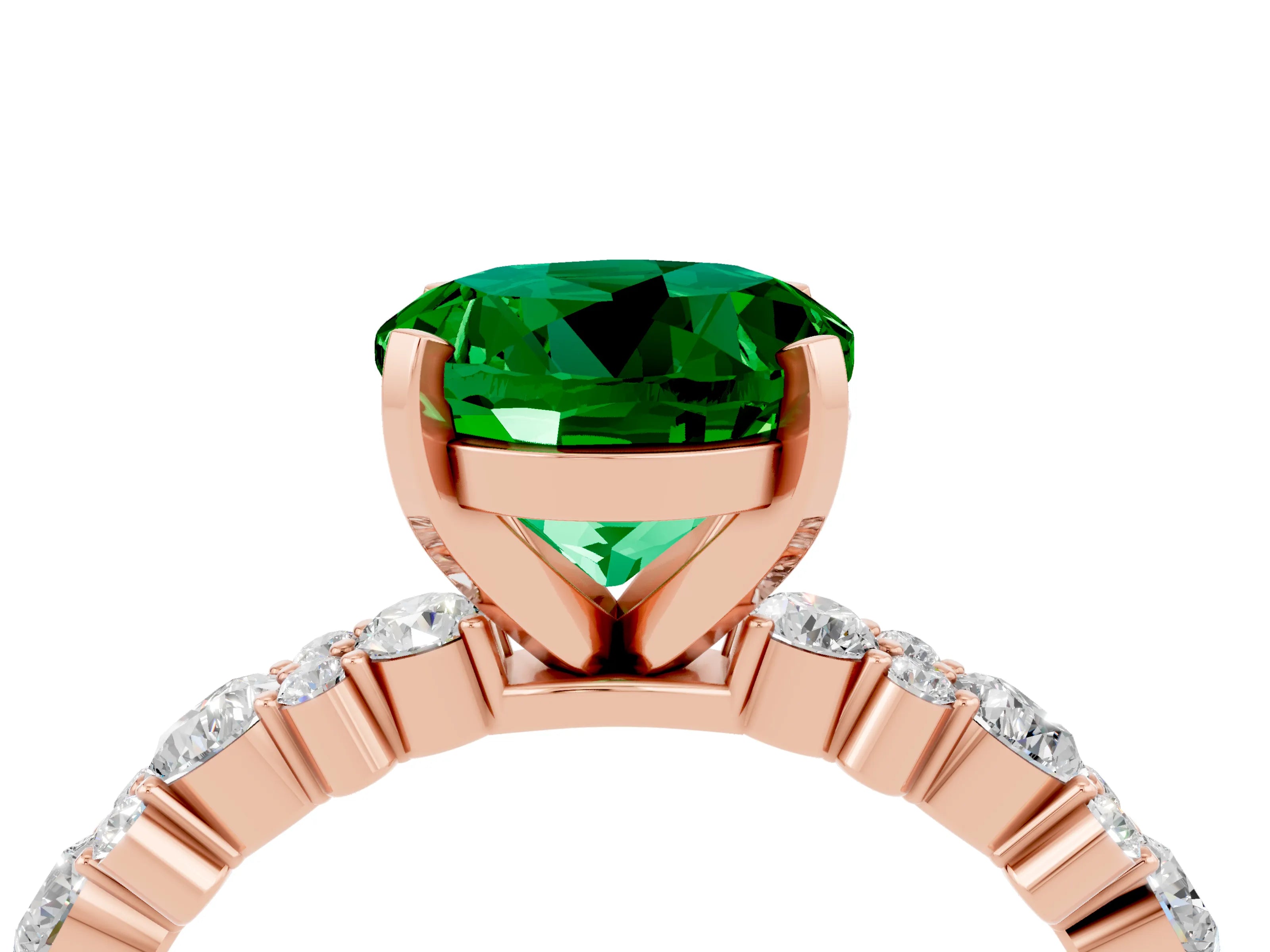 Rose gold Round Cut Emerald Solitaire with Side Stones, Pave Band, Four-Prong Setting_40