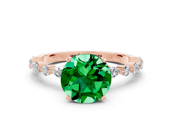 Rose gold Round Cut Emerald Ring with Marquise and Round  Side Stones and Four-Prong Setting