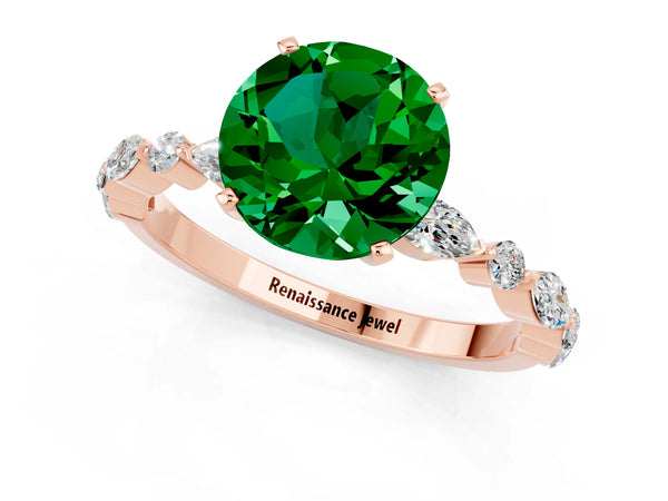 Rose gold Round Cut Emerald Ring with Marquise and Round  Side Stones and Four-Prong Setting