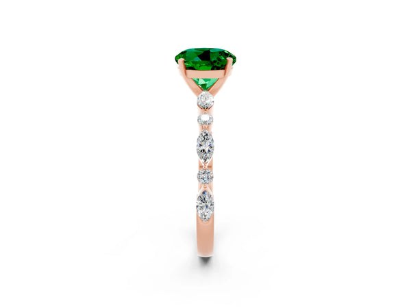 Rose gold Round Cut Emerald Ring with Marquise and Round  Side Stones and Four-Prong Setting