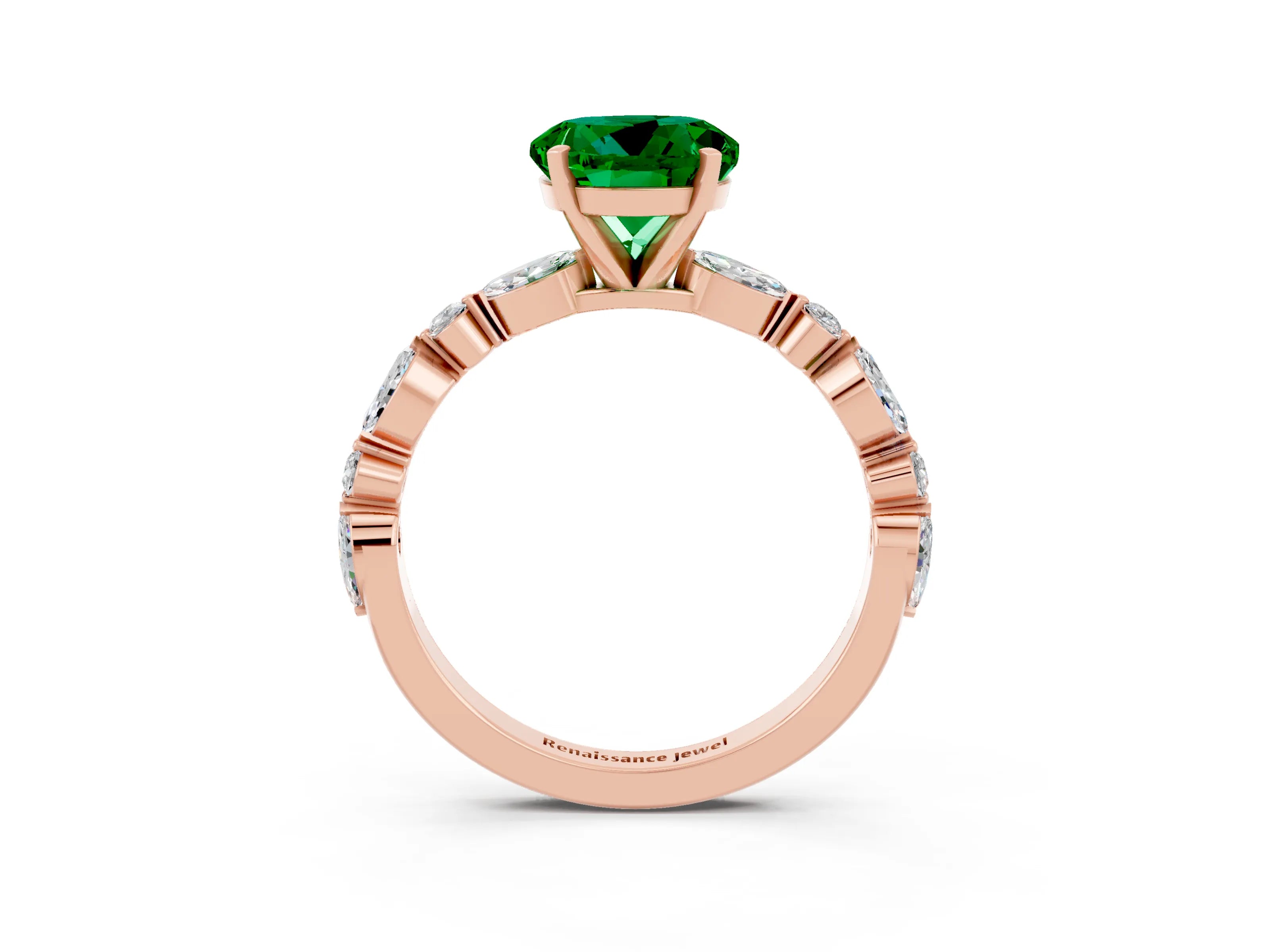 Rose gold Round Cut Emerald Solitaire with Side Stones on a Pavé Band and Four-Prong Setting_3