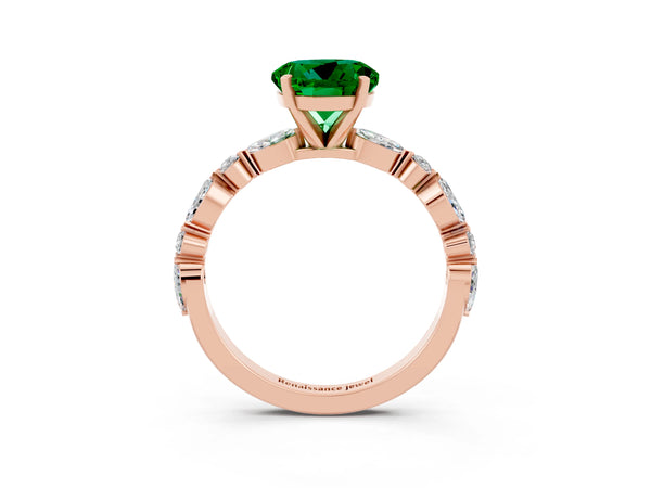 Rose gold Round Cut Emerald Ring with Marquise and Round  Side Stones and Four-Prong Setting