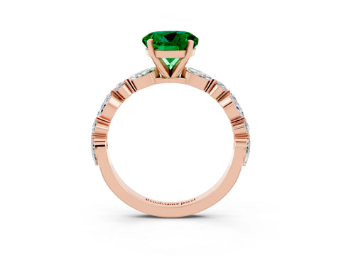 Rose gold Round Cut Emerald Solitaire with Side Stones on a Pavé Band and Four-Prong Setting_3