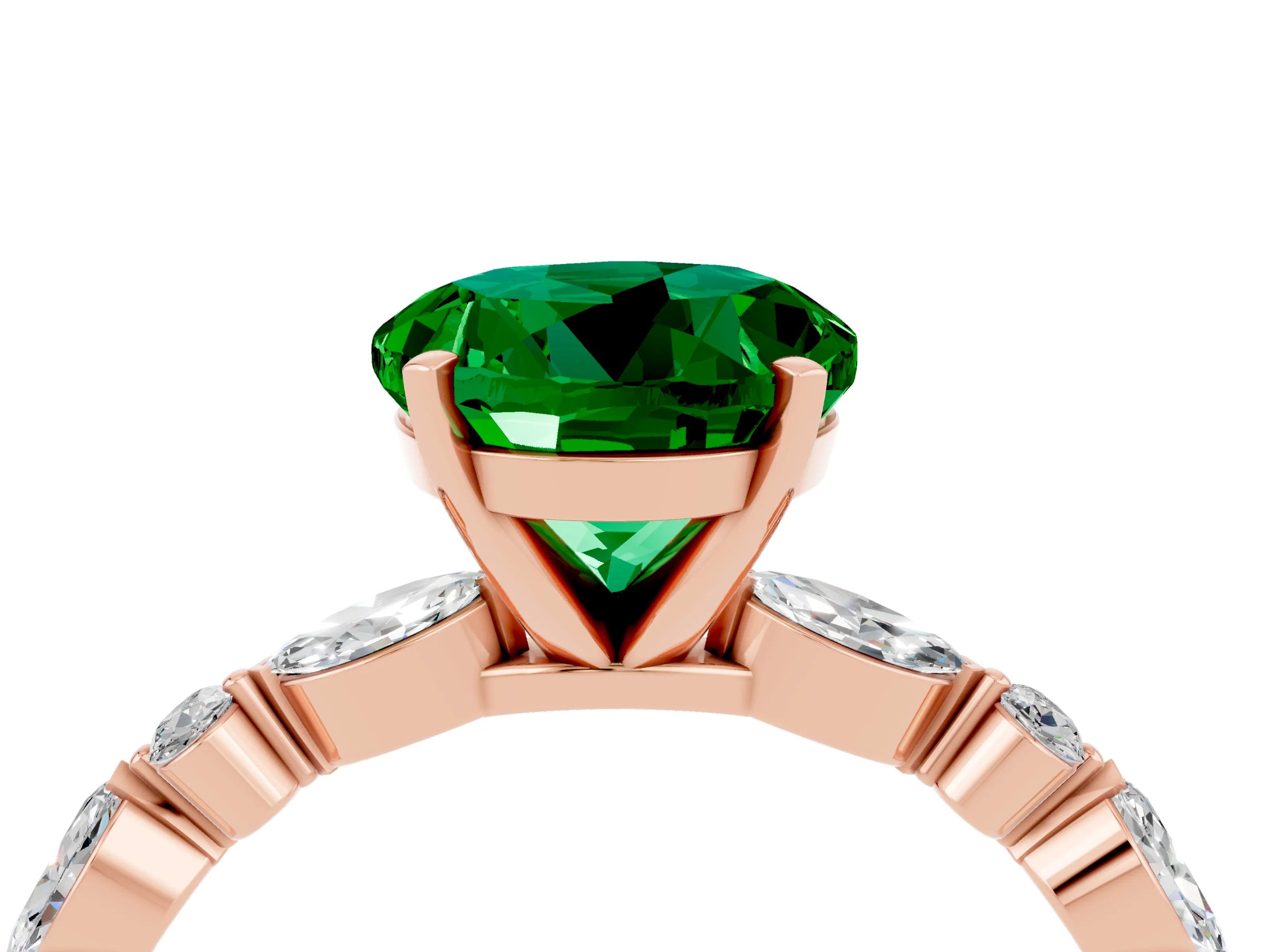 Rose gold Round Cut Emerald Solitaire with Side Stones on a Pavé Band and Four-Prong Setting_4